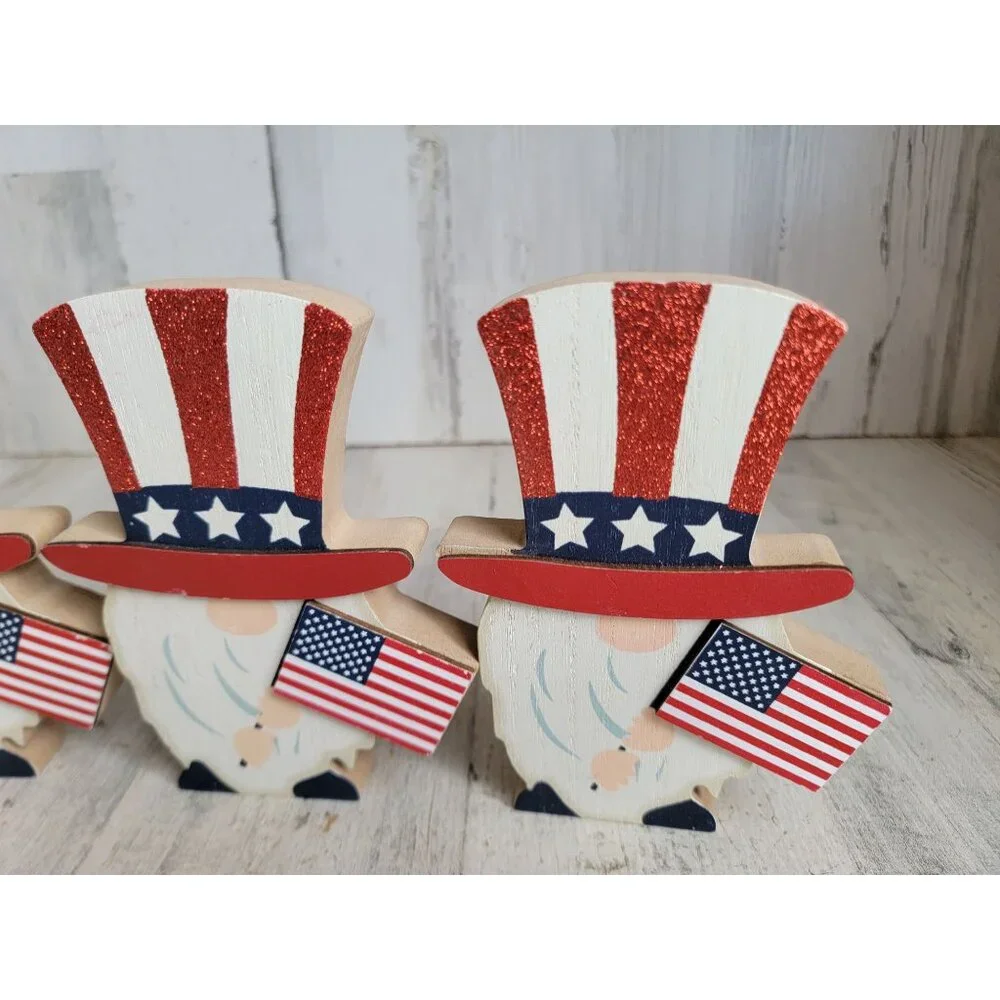 Wooden 4th of‎ July gnome glitter USA set figure decor flag